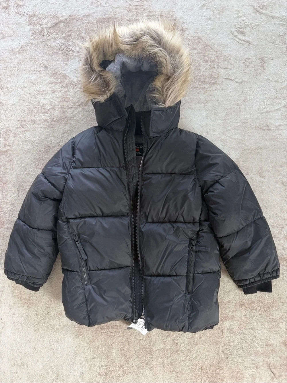 The Children's Place Black Puffer Coat with Faux Fur Trim